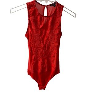 Haute Monde Floral Lace Mesh Semi Sheer Red Bodysuit